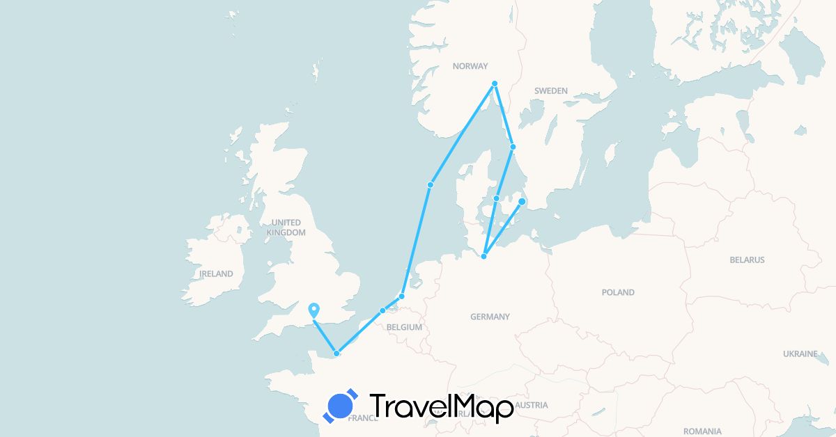 TravelMap itinerary: boat in Belgium, Germany, Denmark, France, United Kingdom, Netherlands, Norway, Sweden (Europe)